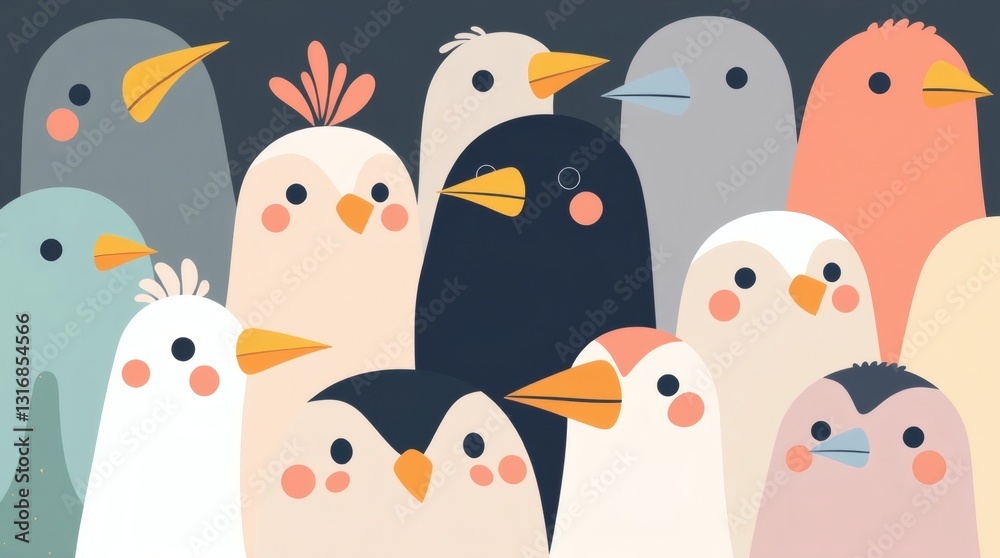 Poster a gathering of cartoon birds with various colors and expressions, creating a sense of a diverse and whimsical collection