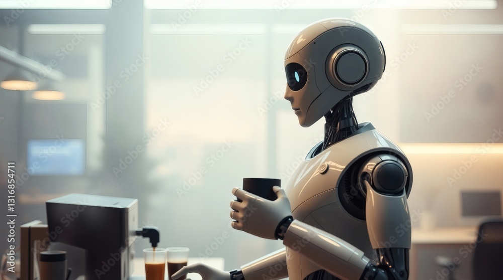 Poster a futuristic robot taking a break while holding a coffee cup in an office setting. the robot is a sl