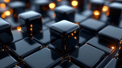 Smooth, glossy black glass spheres and cubes creating an elegant abstract background, illuminated with soft ambient light