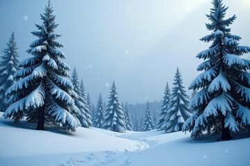 Fototapeta premium Snowflakes gently fall on towering evergreens, snow-covered trees, Frosty forest landscape, serene