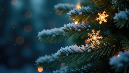 Sparkling snowflakes on a Christmas tree branch with lights, tree, background, peaceful