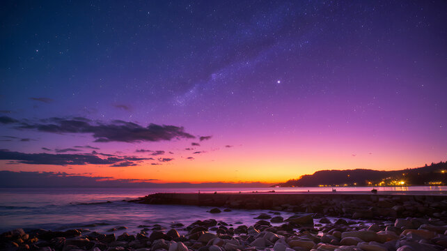 A vibrant sunset fading into twilight, with the stars beginning to appear in the purple sky. - Powered by Adobe