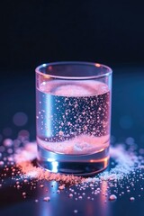 Sparkling white dust scattered across dark glass container filled with clear serum, glitter, sparkling dust