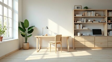 Fototapeta premium Bright sunlight illuminates a minimalist home office featuring a light wood desk, chair, and built-in shelving unit filled with books
