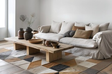 Minimalist, Scandinavian interior design of living room with sofa and coffee table. Generative AI
