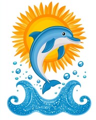 Fototapeta premium Summertime escape splashing refreshing advertisement. A playful dolphin jumps through sparkling waves under a bright sun, symbolizing joy and ocean life.