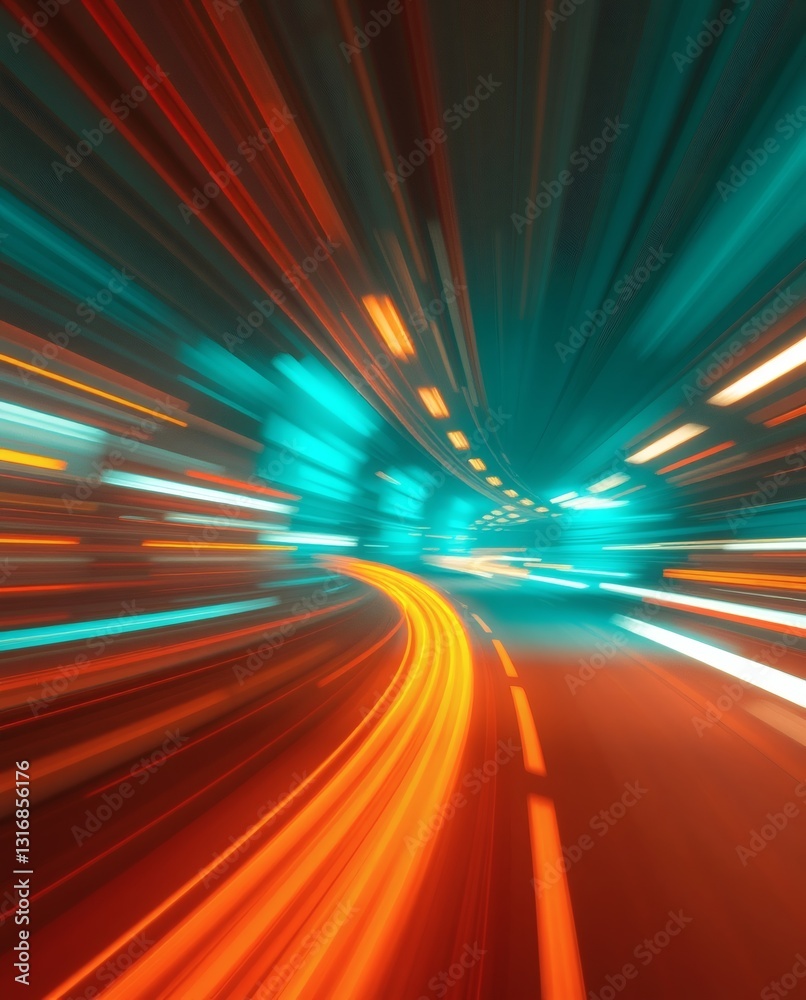 Poster a dynamic tunnel of light showcasing speed and motion with vibrant colors, suggesting progress
