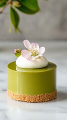 Elegant Sakura and matcha fusion tart with a crispy crust layered with matcha cream and cherry blossom petals garnished for contrast 