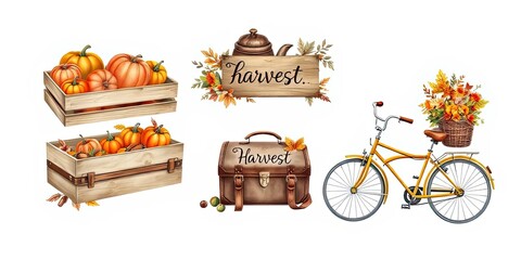 Autumn Harvest Pumpkins Bicycle Fall Leaves Wooden Crate Rustic Decor