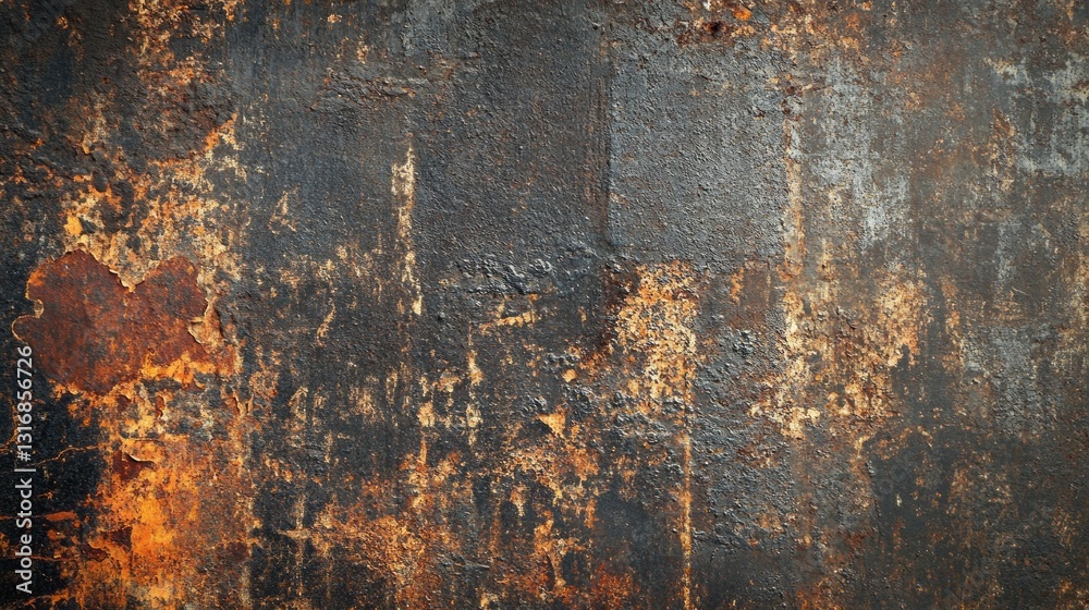Poster rough patches of rust and deep textures highlight the beauty of corroded metal in an abandoned facto