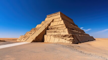 Ancient Mesopotamian Ziggurat with Clear Blue Sky and Desert Landscape