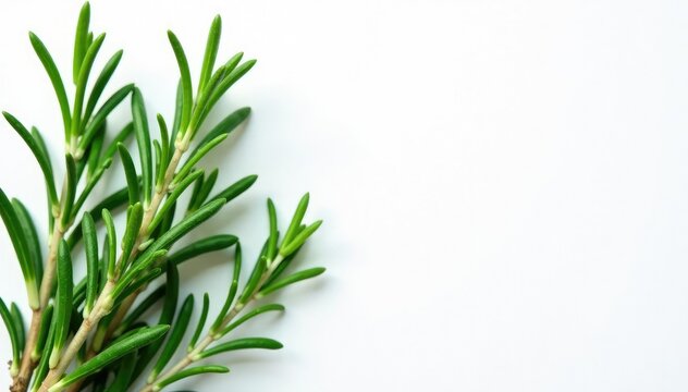 Sprigs of rosemary against bright white backdrop, woodsy, foliage