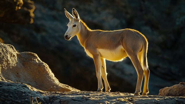 Indian Wild Ass Standing on Rocky Terrain, Illuminated by Golden Sunlight

