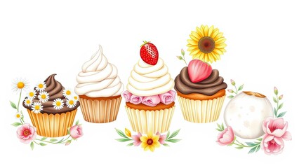 Delicious Cupcakes Flowers and Sweets Pretty Bakery Illustration