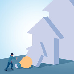 A man pushes a lamp to create a domino effect. Illustration of the value of an idea, valuable thoughts and limitless creativity.