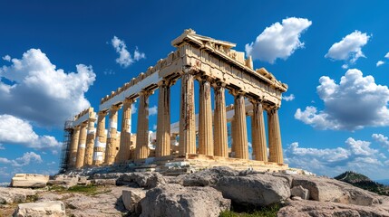 Majestic View of the Parthenon Against a Bright Blue Sky with Clouds and Lush Green Surroundings