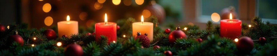 Twinkling candle lights on a festive greenery, holiday, decorations