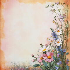 scrapbookingpaper with romantic summerflowers on the edges, watercolor