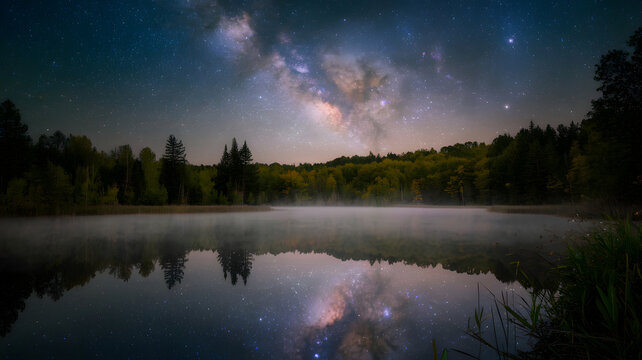 A tranquil, misty lake reflecting a galaxy of stars above.
