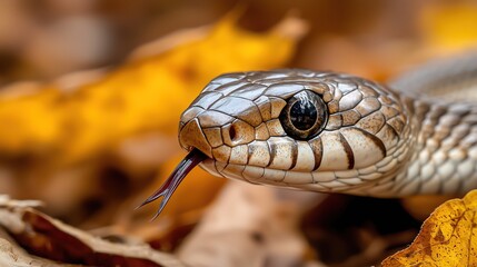 Fototapeta premium Close-Up Portrait of a Snake's Head with its Tongue Flicking Out, Among Autumn Leaves