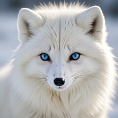 Naklejka premium Arctic Fox with Fluffed Up Winter Coat and Intense Gaze against Snowy Backdrop