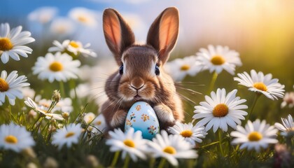 Fototapeta premium Cute Easter bunny peeking out from a patch of daisies, holding a tiny decorated egg in its paws. Soft pastel colors and gentle sunlight create a warm, festive, and joyful spring atmosphere. 