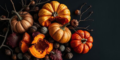 Autumn Harvest Pumpkins Acorns Fall Branches Still Life