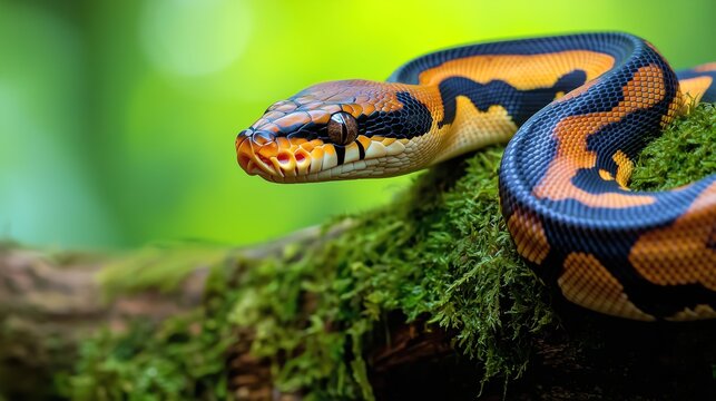 Royal Python Snake with Orange and Black Markings, Coiled on a Mossy Branch, Green Background

