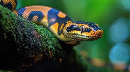 Fototapeta premium Close-up of a Colorful Snake with Orange, Black, and Yellow Markings, Perched on a Mossy Branch