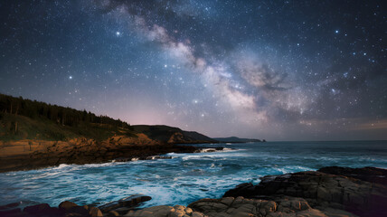 A rocky coastline with waves crashing under a blanket of stars above.