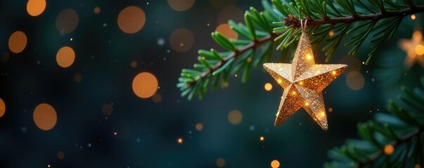 Twinkling stars on a branch with stardust and pine needles, ornaments, decorations, twinkling star