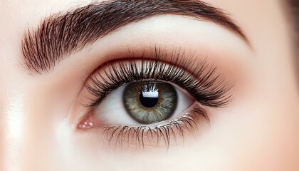 Obraz premium Close-up of green female eye with long eyelashes, perfectly shaped eyebrow and natural makeup showing beauty and cosmetic artistry details.