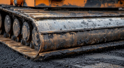 Heavy machinery tracks compact fresh asphalt during a road construction project on a sunny day, showcasing their intricate details