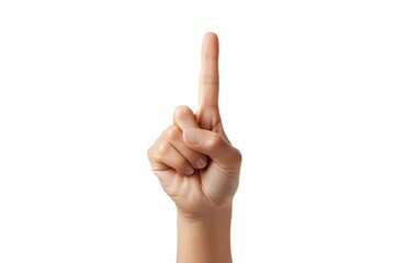Female hand showing index finger pointing upward against white background, isolated gesture for design and commercial use.