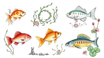 Naklejka premium Colorful Fish Illustration Aquatic Life Koi Goldfish Floral Design