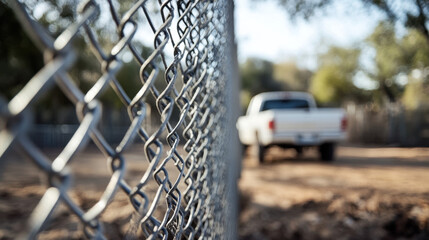 Detailed view of a chain-link fence with a truck parked beyond it, set in a rural outdoor area under natural light