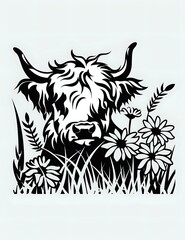 Obraz premium Black silhouette of Highland cow head among wildflowers and grass, artistic monochrome design on white background, ready for cutting and printing projects.