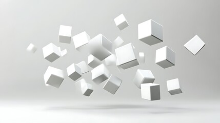 Abstract white cubes floating in a gray space.