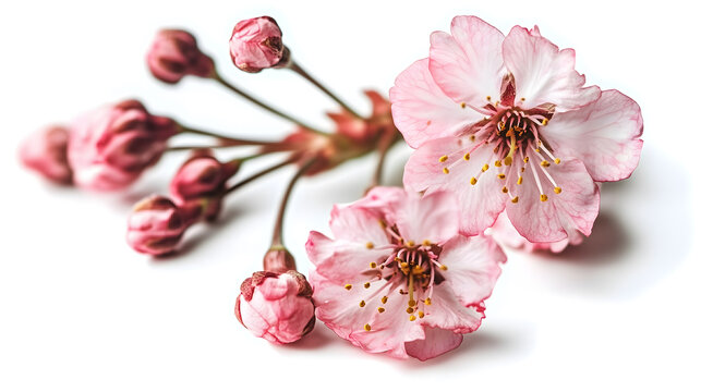 beautiful bouquet pink cherry blossom blomming and buds sakura japanese flower branch isolated white background