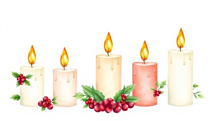 Festive Christmas Candles Holly Berries Watercolor Holiday Winter Illumination Light