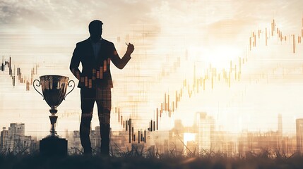 Investor celebrates success with trophy amidst rising stock market trends urban setting inspirational vibe