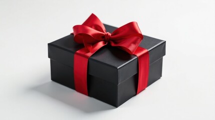 Obraz premium A luxuriously presented black gift box adorned with a vibrant red ribbon, a perfect symbol of thoughtful appreciation and elegant gifting