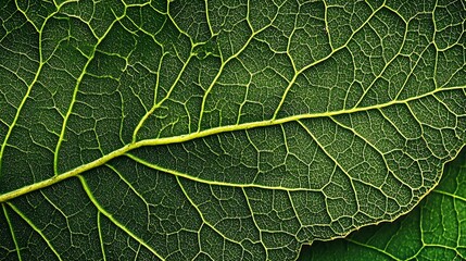 Fototapeta premium Close-up of a green leaf showcasing its intricate vein structure and texture.