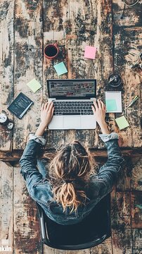 Creative workspace action young woman working on laptop cozy office digital content collaborative environment