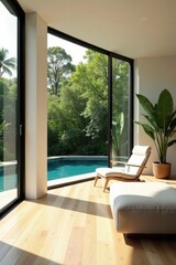 Obraz premium Serene Indoor Lounge Area with Expansive Glass Walls Offering Unobstructed Views of a Private Pool and Lush Greenery