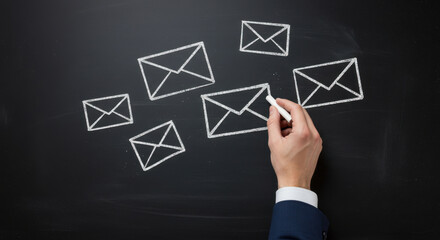 a hand of a businessman drawing envelopes using chalk on a blackboard top down view