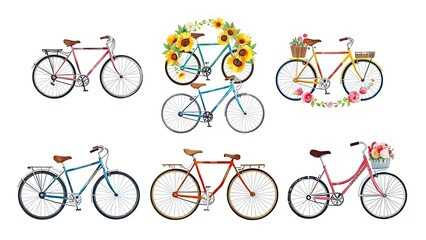 Naklejka premium Colorful Bicycle Collection Summer Flowers Watercolor Bikes Retro Vintage Travel Transport