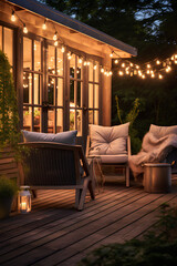 Fototapeta premium Garden Decking Area with Festoon Lights and Comfy Chairs