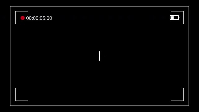 Simple video camera or DSLR mobile phone recording mode screen with record tally light, battery level indicator icon and composition frame and centre point crosshair with transparent background [4K[