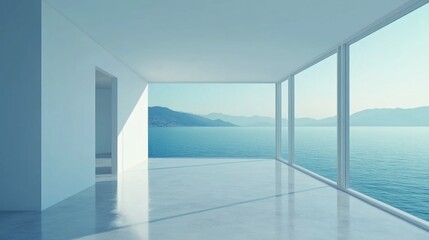 Obraz premium Modern minimalist room with ocean view.
